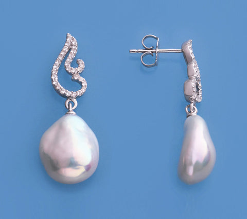 Sterling Silver Earrings with 12-13mm Baroque Shape Freshwater Pearl and White Topaz