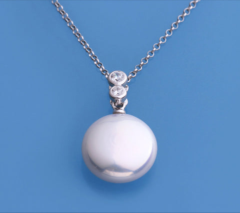 Sterling Silver Pendant with 13-14mm Button Shape Freshwater Pearl and Cubic Zirconia