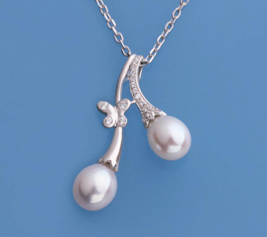 Sterling Silver Pendant with 7.5-8mm Oval Shape Freshwater Pearl and Cubic Zirconia - Wing Wo Hing Jewelry Group - Pearl Jewelry Manufacturer