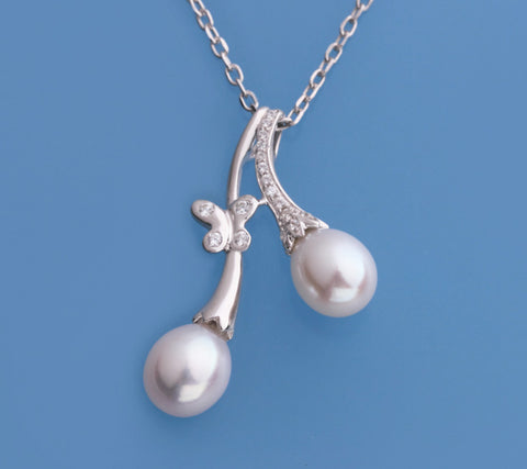 Sterling Silver Pendant with 7.5-8mm Oval Shape Freshwater Pearl and Cubic Zirconia