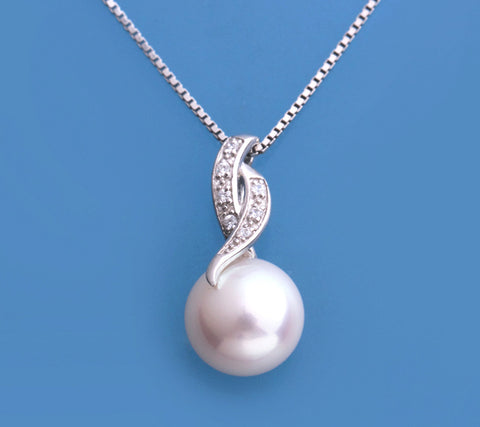 Sterling Silver Pendant with 8-8.5mm Button Shape Freshwater Pearl and Cubic Zirconia
