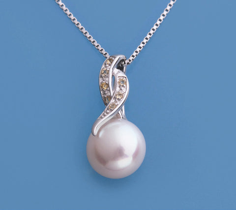 Sterling Silver Pendant with 8-8.5mm Button Shape Freshwater Pearl and Cubic Zirconia