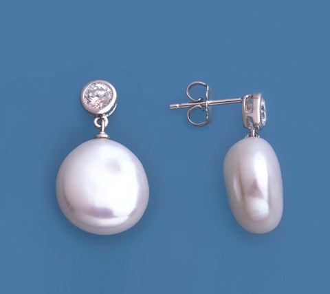 Sterling Silver Earrings with 13-14mm Button Shape Freshwater Pearl and Cubic Zirconia