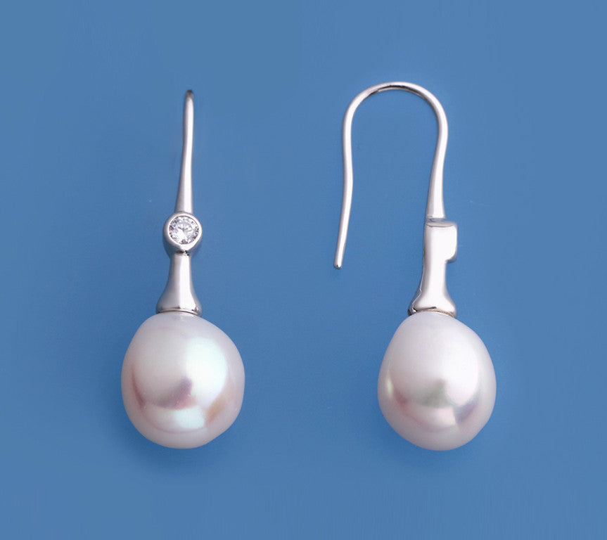 Sterling Silver Earrings with 11-12mm Oval Shape Freshwater Pearl and Cubic Zirconia - Wing Wo Hing Jewelry Group - Pearl Jewelry Manufacturer