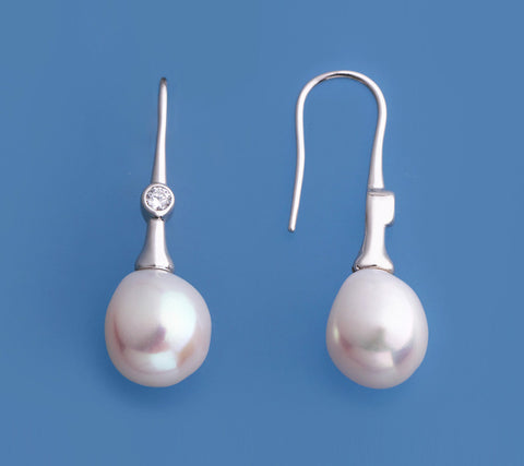 Sterling Silver Earrings with 11-12mm Oval Shape Freshwater Pearl and Cubic Zirconia