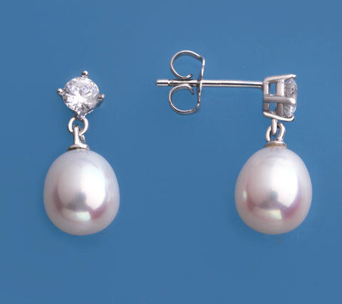 Sterling Silver Earrings with 7.5-8mm Drop Shape Freshwater Pearl and Cubic Zirconia