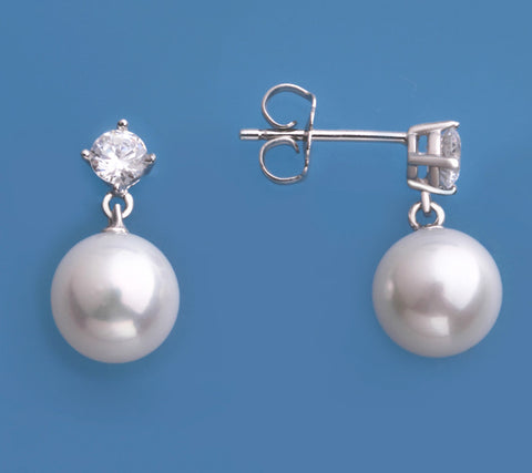 Sterling Silver Earrings with 8.5-9mm Round Shape Freshwater Pearl and Cubic Zirconia