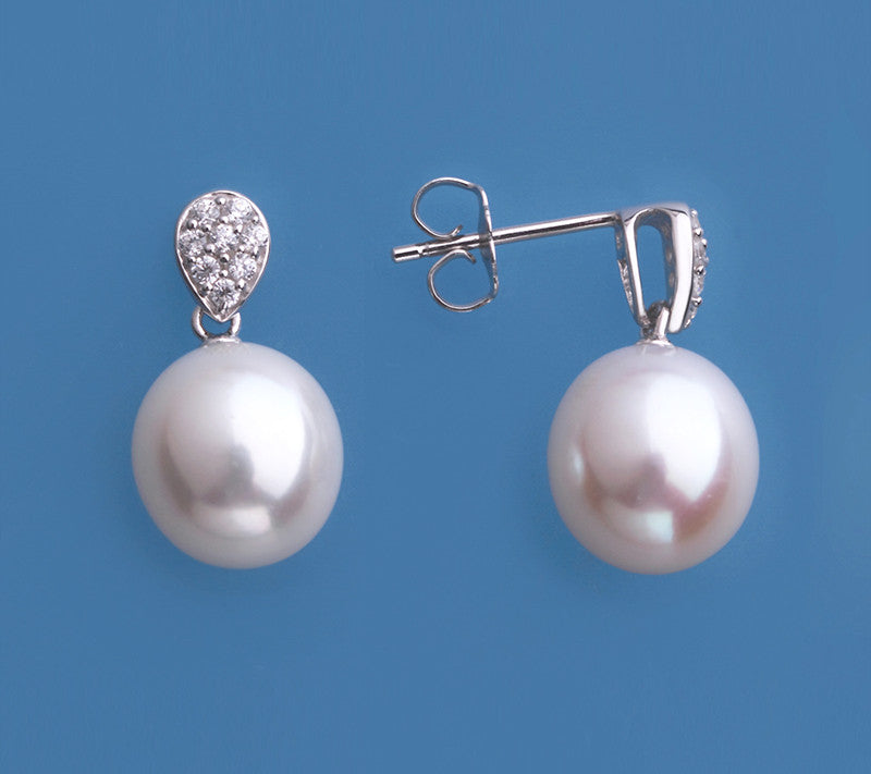 Sterling Silver Earrings with 10-10.5mm Drop Shape Freshwater Pearl and Cubic Zirconia - Wing Wo Hing Jewelry Group - Pearl Jewelry Manufacturer