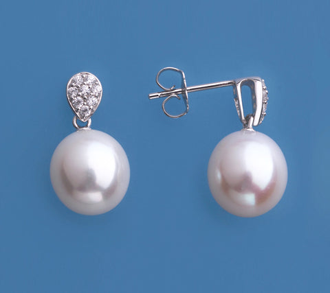 Sterling Silver Earrings with 10-10.5mm Drop Shape Freshwater Pearl and Cubic Zirconia