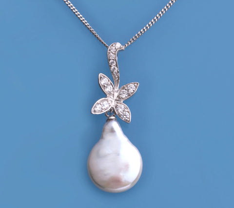 Sterling Silver Pendant with 12-12.5mm Baroque Shape Freshwater Pearl and Cubic Zirconia
