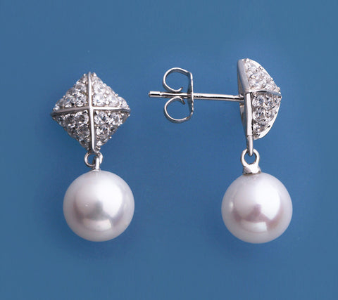 Sterling Silver Earrings with 8.5-9mm Round Shape Freshwater Pearl and Cubic Zirconia