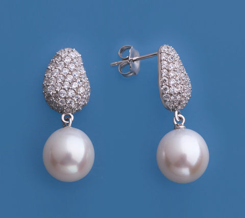 Sterling Silver Earrings with 10-10.5mm Drop Shape Freshwater Pearl and Cubic Zirconia