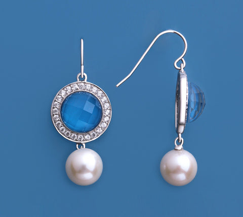 Sterling Silver Earrings with 9-9.5mm Round Shape Freshwater Pearl and White and Blue Cubic Zirconia