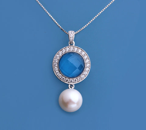 Sterling Silver Pendant with 9-9.5mm Round Shape Freshwater Pearl and Cubic Zirconia