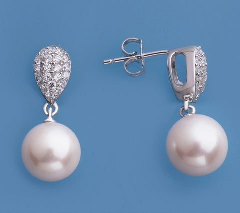 Sterling Silver Earrings with 9.5-10mm Round Shape Freshwater Pearl and Cubic Zirconia