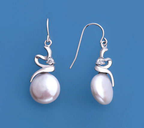 Sterling Silver Earrings with 12-13mm Button Shape Freshwater Pearl and Cubic Zirconia