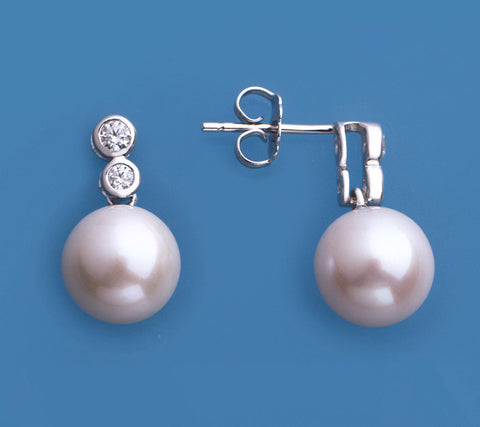 Sterling Silver Earrings with 9.5-10mm Round Shape Freshwater Pearl and Cubic Zirconia