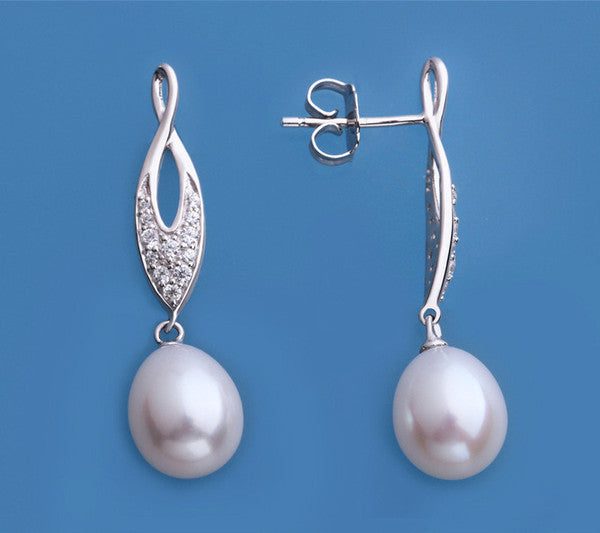 Sterling Silver Earrings with 9-9.5mm Drop Shape Freshwater Pearl and Cubic Zirconia - Wing Wo Hing Jewelry Group - Pearl Jewelry Manufacturer