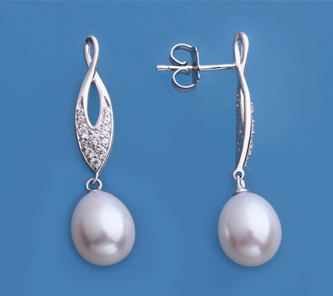 Sterling Silver Earrings with 9-9.5mm Drop Shape Freshwater Pearl and Cubic Zirconia