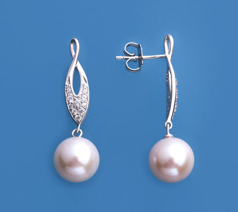 Sterling Silver Earrings with 9.5-10mm Round Shape Freshwater Pearl and Cubic Zirconia