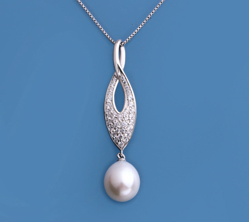 Sterling Silver Pendant with 9.5-10mm Drop Shape Freshwater Pearl and Cubic Zirconia - Wing Wo Hing Jewelry Group - Pearl Jewelry Manufacturer