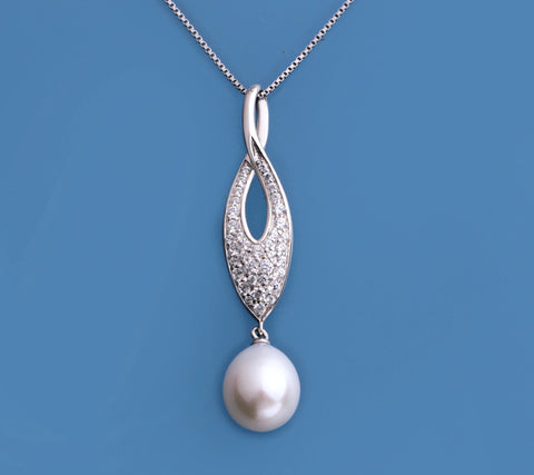 Sterling Silver Pendant with 9.5-10mm Drop Shape Freshwater Pearl and Cubic Zirconia