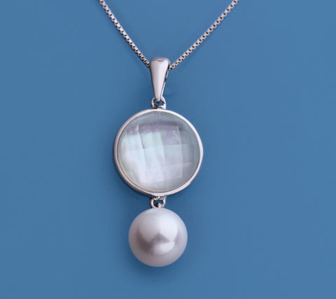 Sterling Silver Pendant with 8.5-9mm Round Shape Freshwater Pearl and Mother of Pearl