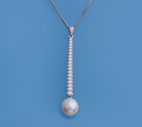 Sterling Silver Pendant with 9-9.5mm Drop Shape Freshwater Pearl and Cubic Zirconia