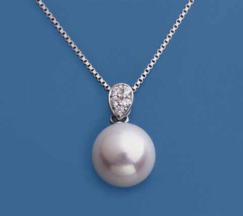 Sterling Silver Pendant with 8.5-9mm Round Shape Freshwater Pearl and Cubic Zirconia