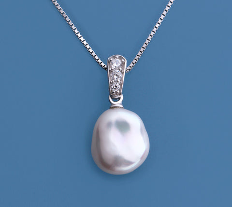 Sterling Silver Pendant with 9-10mm Keshi Freshwater Pearl and Cubic Zirconia