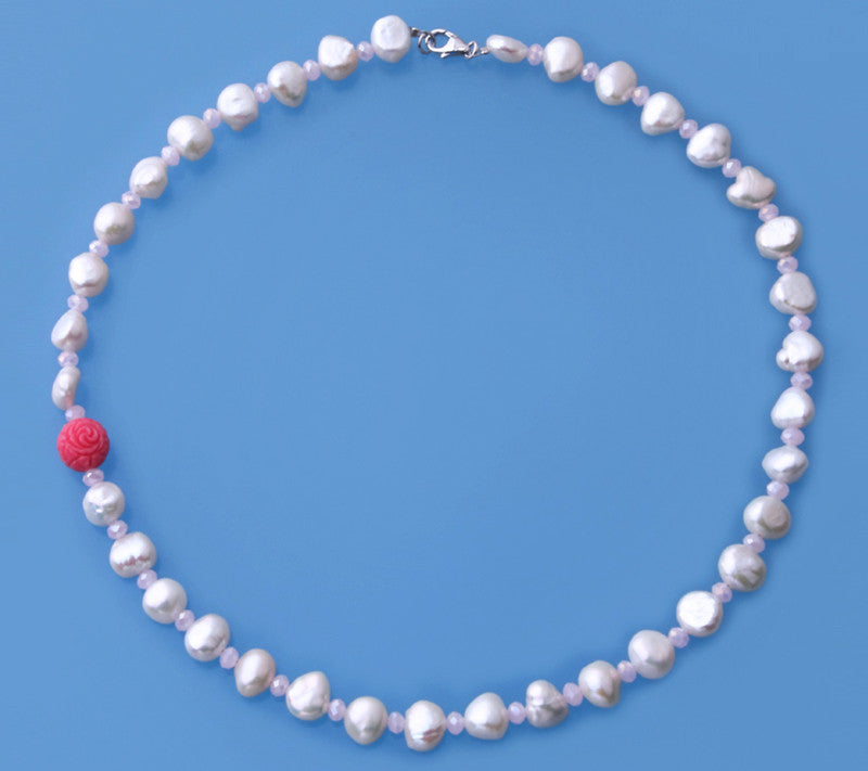 Sterling Silver Necklace with 8.5-9mm Baroque Shape Freshwater Pearl and Coral Ball - Wing Wo Hing Jewelry Group - Pearl Jewelry Manufacturer - 1