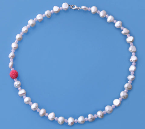 Sterling Silver Necklace with 8.5-9mm Baroque Shape Freshwater Pearl and Coral Ball