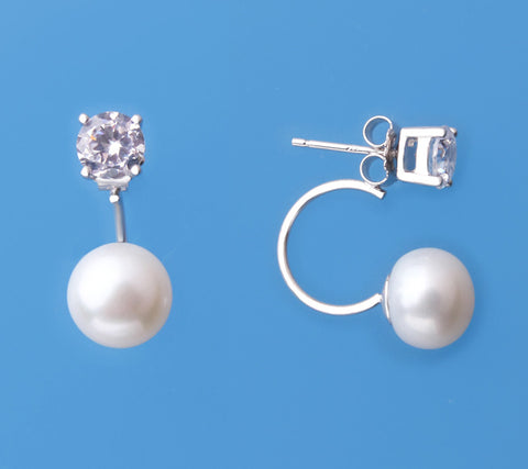 Sterling Silver Earrings with 9-9.5mm Button Shape Freshwater Pearl and Cubic Zirconia