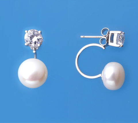 Sterling Silver Earrings with 9.5-10mm Button Shape Freshwater Pearl and Cubic Zirconia