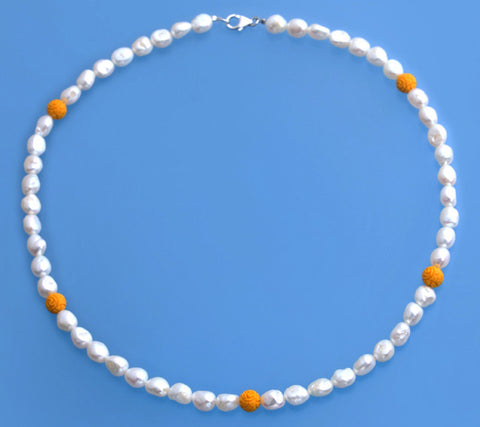 Sterling Silver Necklace with 6.5-7mm Oval Shape Freshwater Pearl and Coral Ball