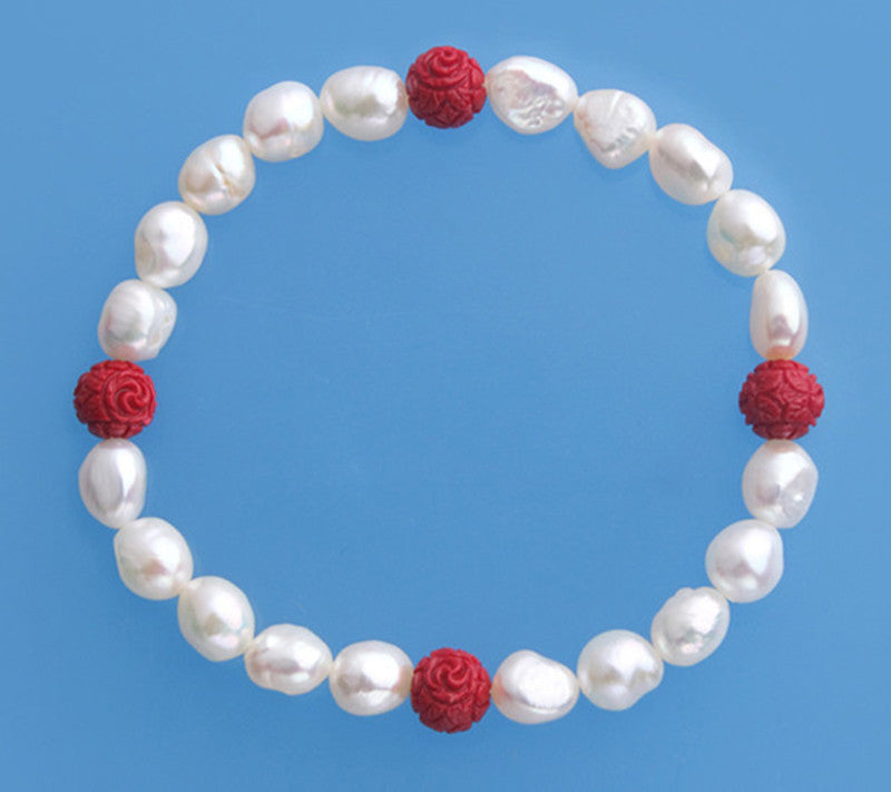 6.5-7mm Oval Shape Freshwater Pearl Bracelet and Coral Ball