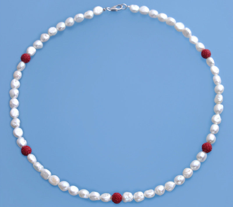 Sterling Silver Necklace with 6.5-7mm Oval Shape Freshwater Pearl and Coral Ball - Wing Wo Hing Jewelry Group - Pearl Jewelry Manufacturer - 1