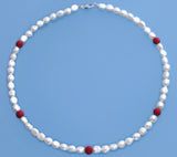 Sterling Silver Necklace with 6.5-7mm Oval Shape Freshwater Pearl and Coral Ball - Wing Wo Hing Jewelry Group - Pearl Jewelry Manufacturer - 1