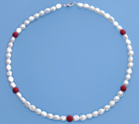 Sterling Silver Necklace with 6.5-7mm Oval Shape Freshwater Pearl and Coral Ball