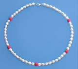 Sterling Silver Necklace with 6.5-7mm Oval Shape Freshwater Pearl and Coral Ball - Wing Wo Hing Jewelry Group - Pearl Jewelry Manufacturer - 8