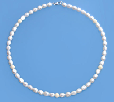 Sterling Silver Necklace with 6.5-7mm Oval Shape Freshwater Pearl and Carol Carving