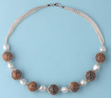 Sterling Silver Necklace with 10-10.5mm Oval Shape Freshwater Pearl and Tiger Eye - Wing Wo Hing Jewelry Group - Pearl Jewelry Manufacturer