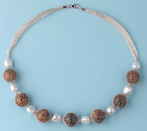 Sterling Silver Necklace with 10-10.5mm Oval Shape Freshwater Pearl and Tiger Eye