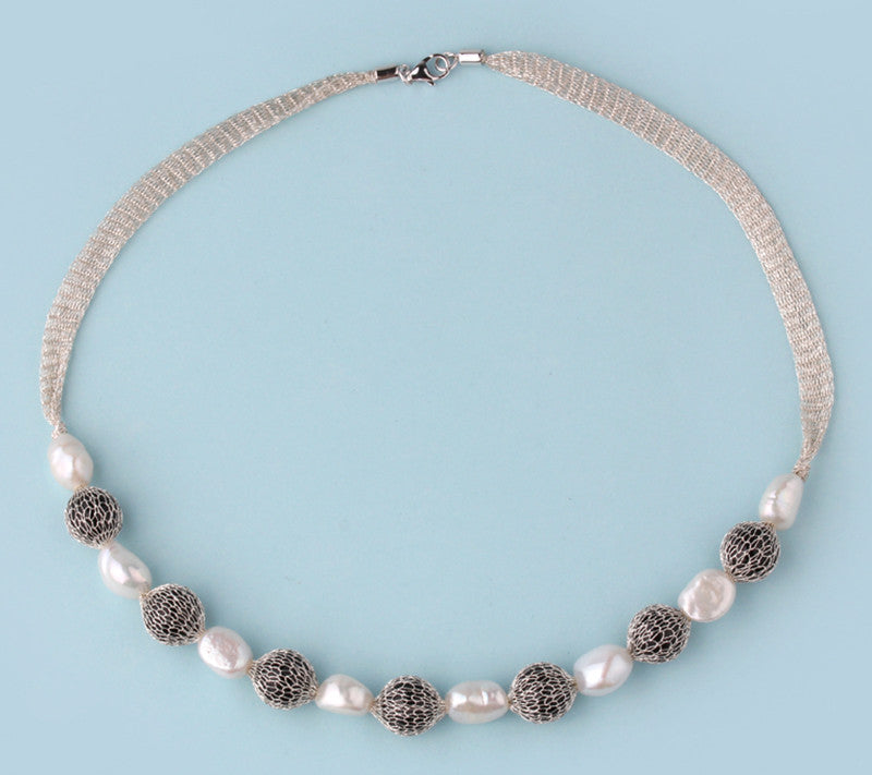 Sterling Silver Necklace with 10-10.5mm Oval Shape Freshwater Pearl and Black Agate - Wing Wo Hing Jewelry Group - Pearl Jewelry Manufacturer