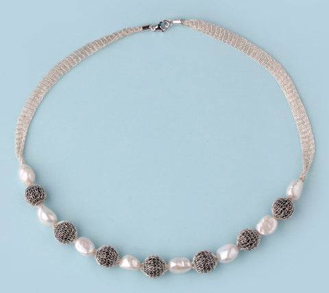 Sterling Silver Necklace with 10-10.5mm Oval Shape Freshwater Pearl and Black Agate