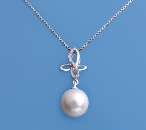 Sterling Silver Pendant with 8.5-9mm Round Shape Freshwater Pearl and Cubic Zirconia