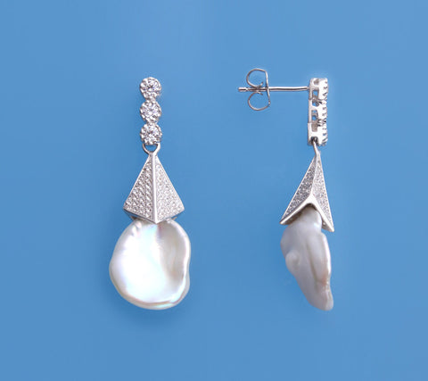 Sterling Silver Earrings with 12-12.5mm Keshi Freshwater Pearl and Cubic Zirconia