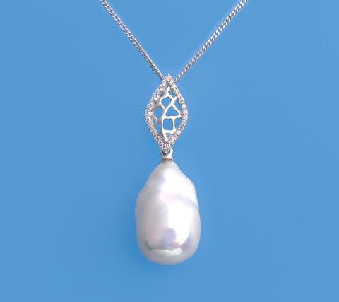 Sterling Silver Pendant with 12-13mm Baroque Shape Freshwater Pearl and Cubic Zirconia