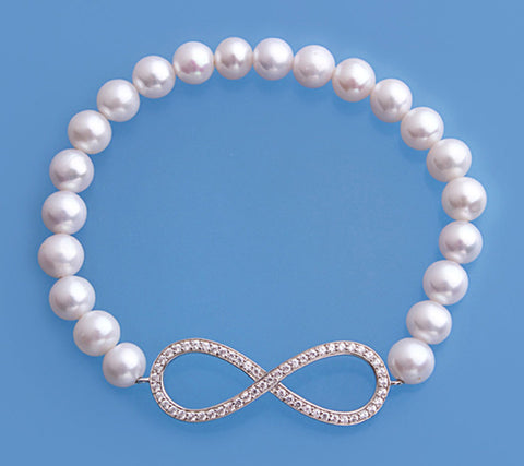 Sterling Silver Bracelet with 6.5-7mm Potato Shape Freshwater Pearl and Cubic Zirconia