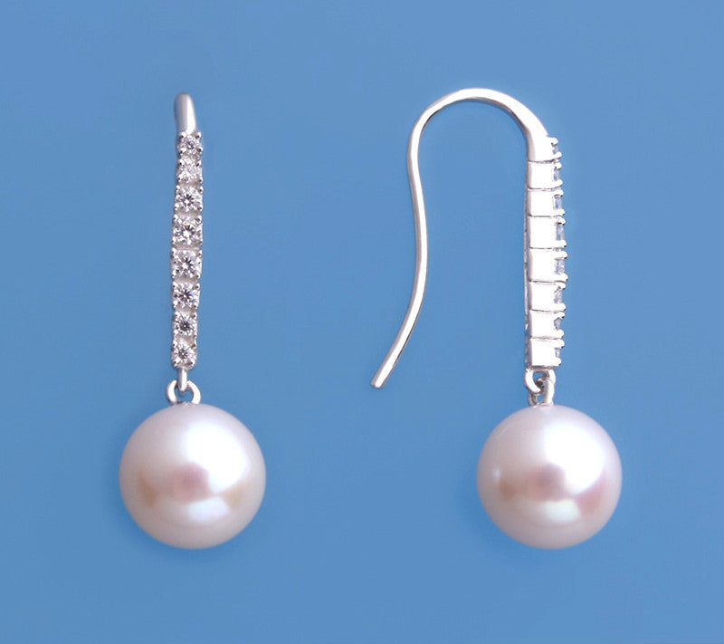 Sterling Silver Earrings with 9.5-10mm Round Shape Freshwater Pearl and Cubic Zirconia - Wing Wo Hing Jewelry Group - Pearl Jewelry Manufacturer